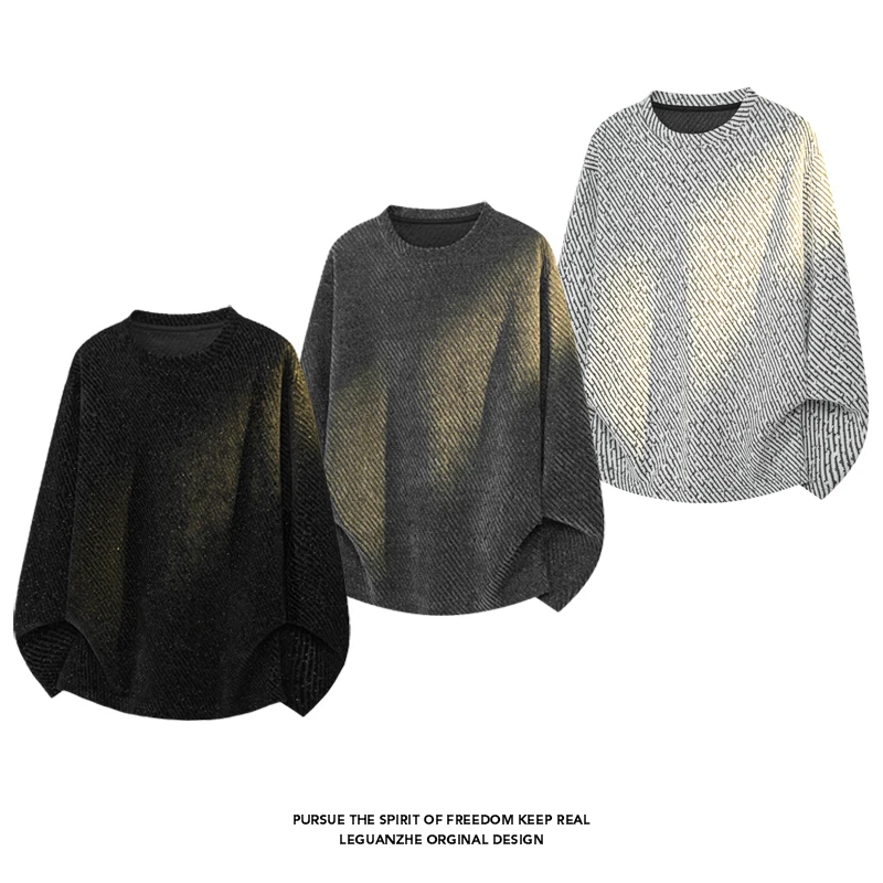 Street Fashion For Man - メンズ斜めストライプテクスチャード長袖Tシャツ、クルーネック、ルーズフィット、カジュアルストリートウェアプルオーバートップ
