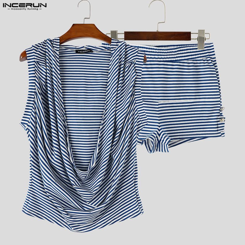 Street Fashion For Man - INCERUN 男性ストライプセット夏フード付きノースリーブタンクトップショーツ 2 点セットストリートウェア 2026 ルーズカジュアル男性マッチングセット