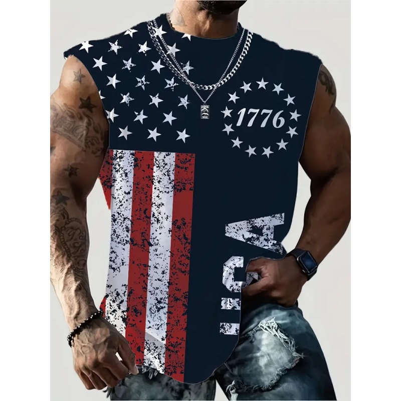 Street Fashion Usa - 3D プリントアメリカ国旗タンクトップ男性のための米国ファッションアメリカパターン Tシャツ夏ルーズスポーツストリートラウンドネックベストカジュアルトップス