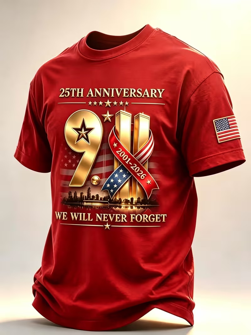 Street Fashion Usa - 911 25周年記念メンズTシャツ「2001年から2026年を決して忘れない」メモリアルTシャツ アメリカ国旗柄 半袖 カジュアル パトリオティックTシャツ