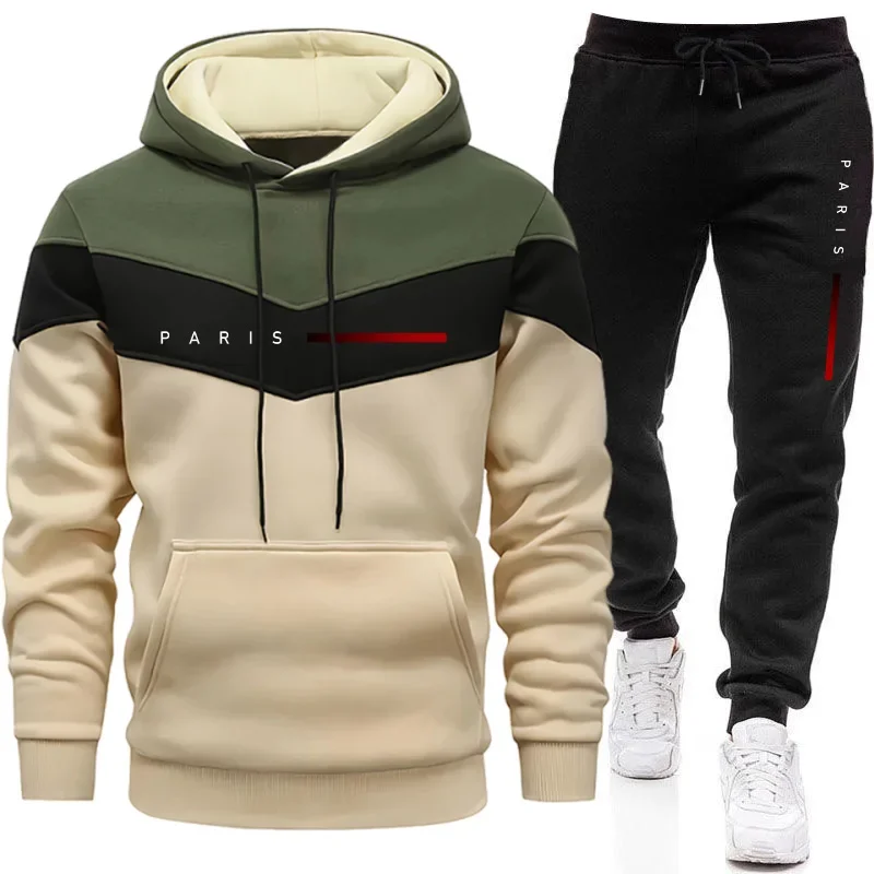 Street Fashion Art - パリファッションメンズフーディセットデイリーカジュアルスポーツフード付きスウェットシャツとジョガーパンツ男性用アーバントレンドウォームプルオーバートラックスーツ