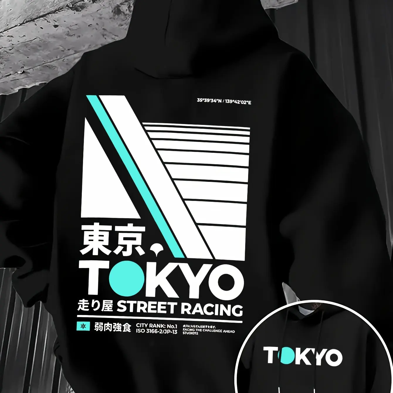 Street Fashion Tokyo - レトロなJDMトーキョーレーシングの両面プリントメンズフーディー、日本語の文字と幾何学模様のストリートファッションアイテム