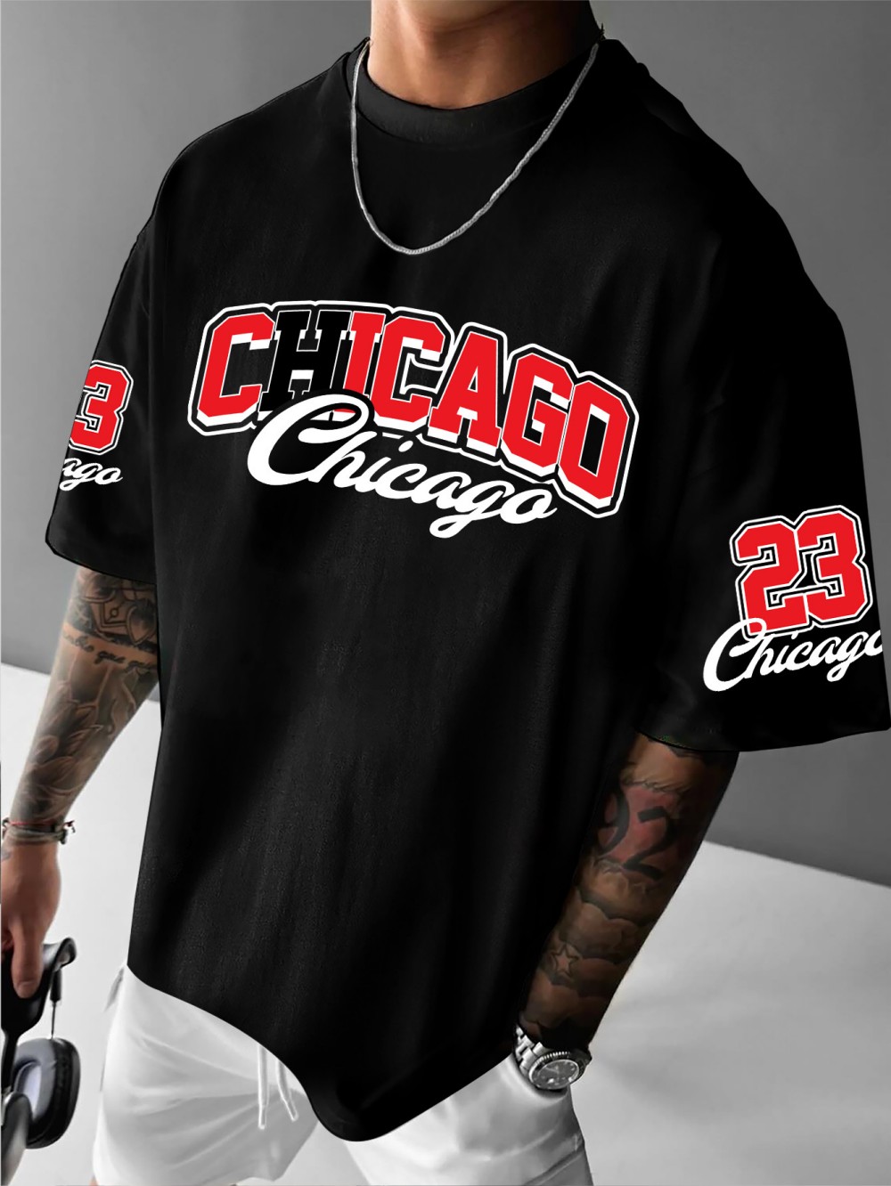 Street Fashion Chicago - 欧米風メンズ夏用シカゴレタープリント快適で通気性のあるラウンドネックTシャツアウトドアカジュアルトップス