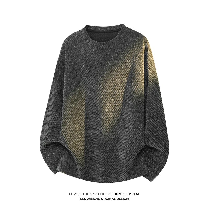 メンズ斜めストライプテクスチャード長袖Tシャツ、クルーネック - Street Fashion For Man のレビューと価格