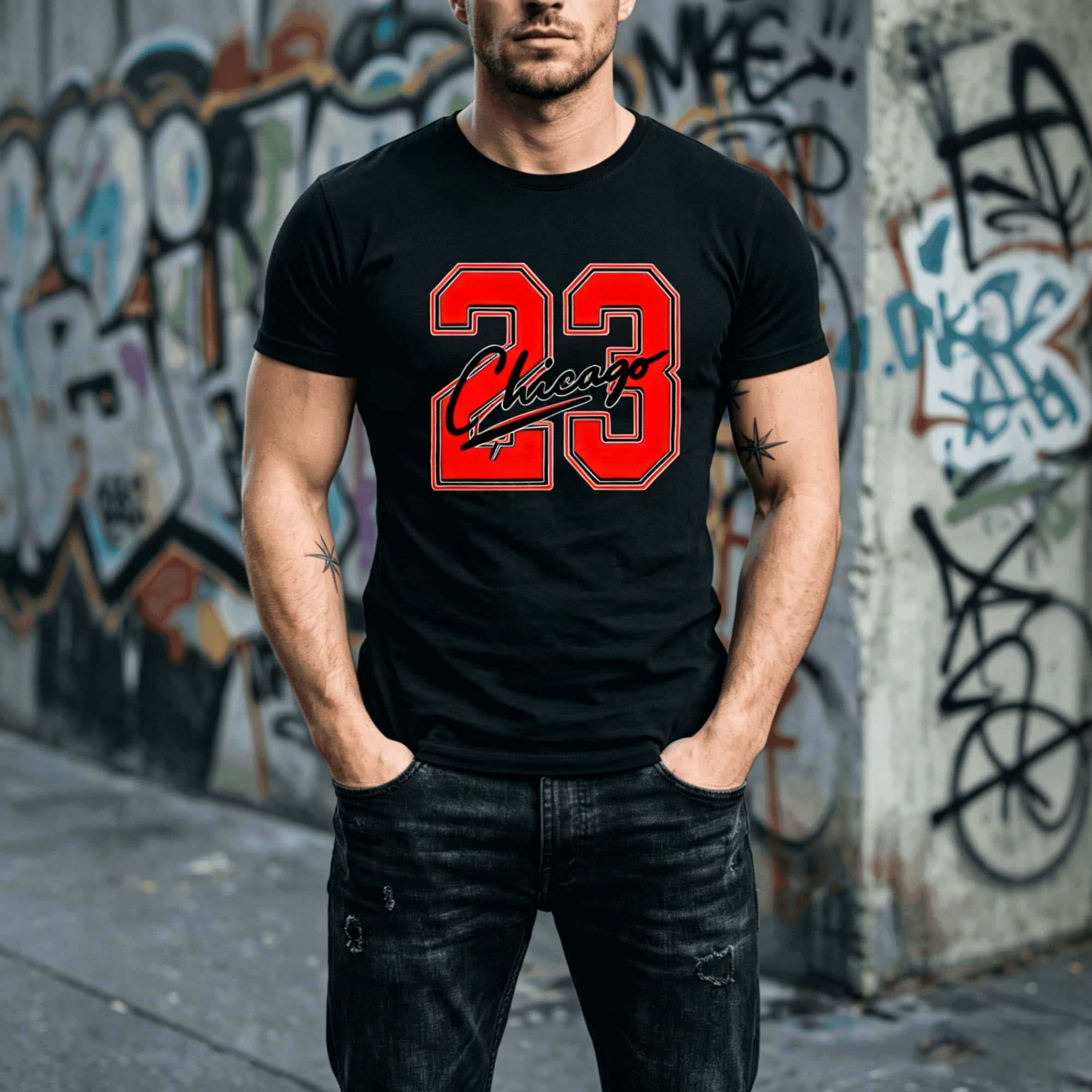 夏の男性用シカゴ体筆記体ナンバー23プリント半袖Tシャツ、ク - Street Fashion Chicago のレビューと価格