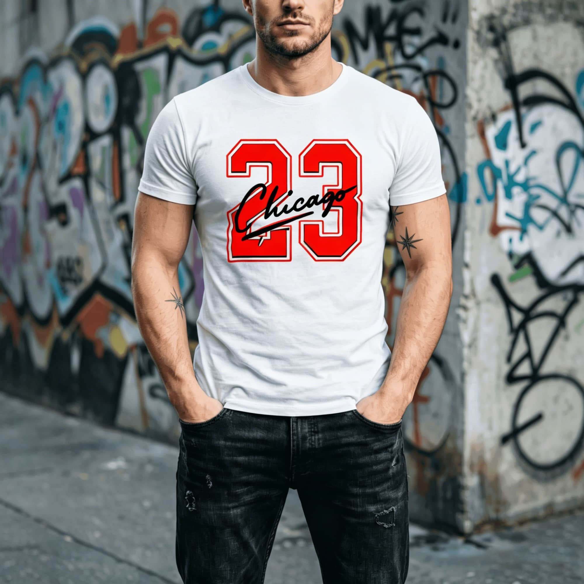夏の男性用シカゴ体筆記体ナンバー23プリント半袖Tシャツ、ク - Street Fashion Chicago のレビューと価格