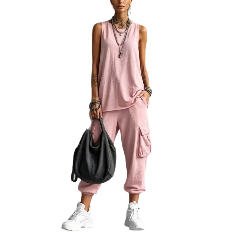 レディース無地ノースリーブ丸首ニットタンクトップカーゴジョガ - Street Fashion Art のレビューと価格