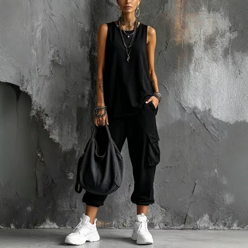 レディース無地ノースリーブ丸首ニットタンクトップカーゴジョガ - Street Fashion Art のレビューと価格