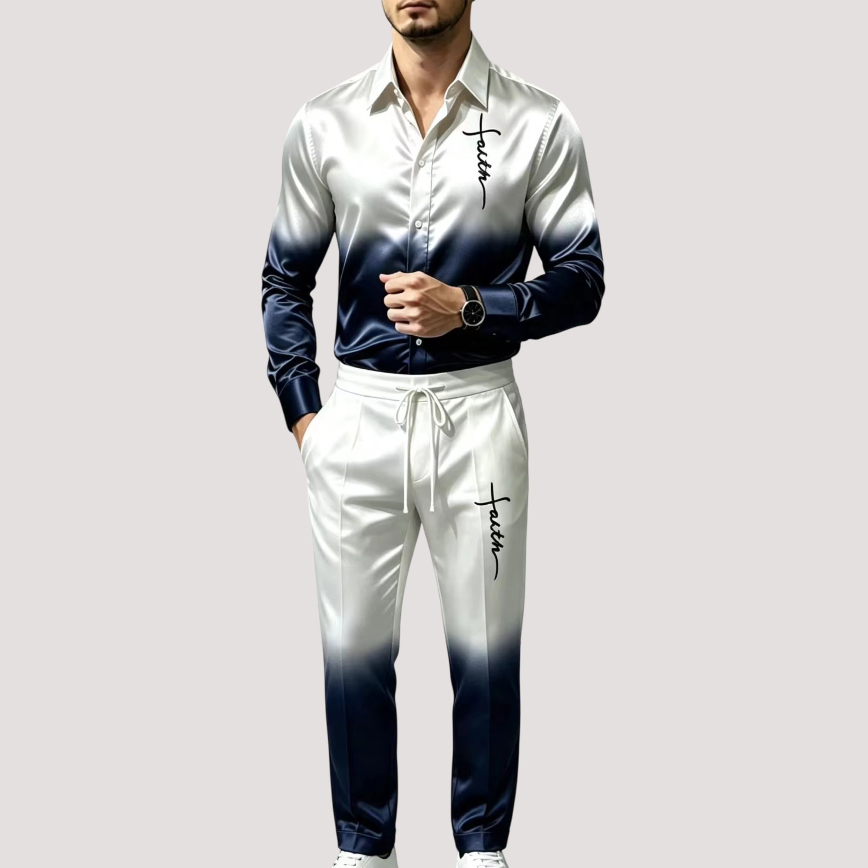 メンズサテンシルクスポーツスーツ2点セット グラデーション長 - Street Fashion For Man のレビューと価格