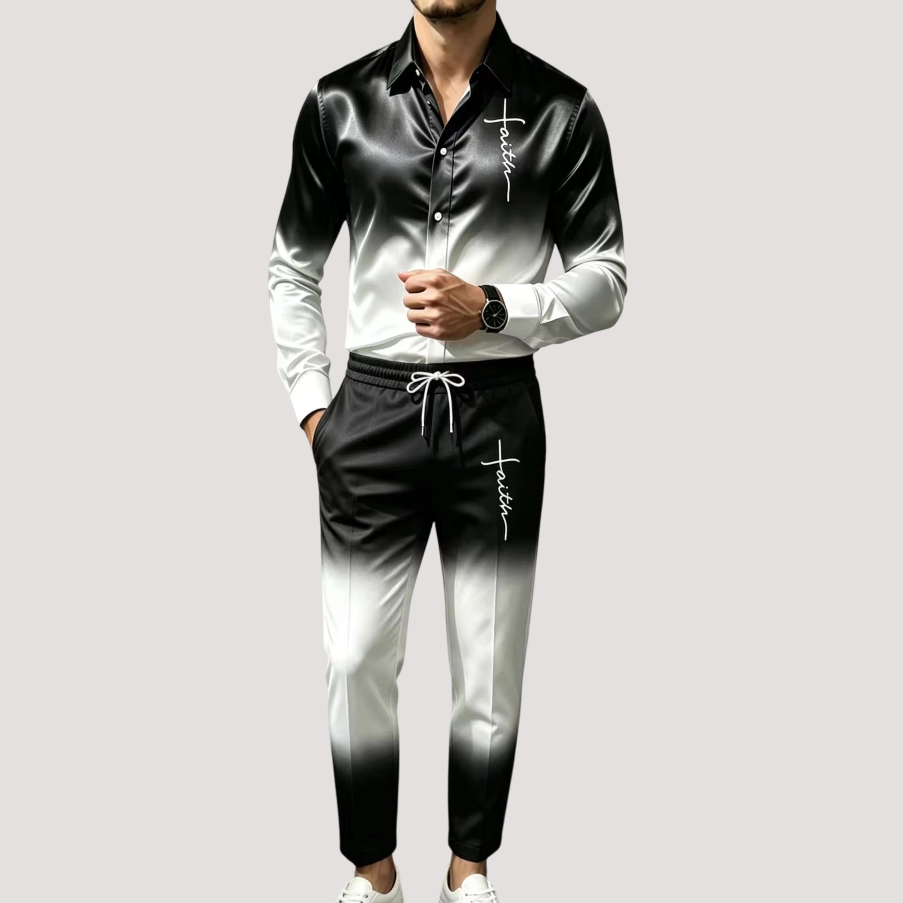 メンズサテンシルクスポーツスーツ2点セット グラデーション長 - Street Fashion For Man のレビューと価格