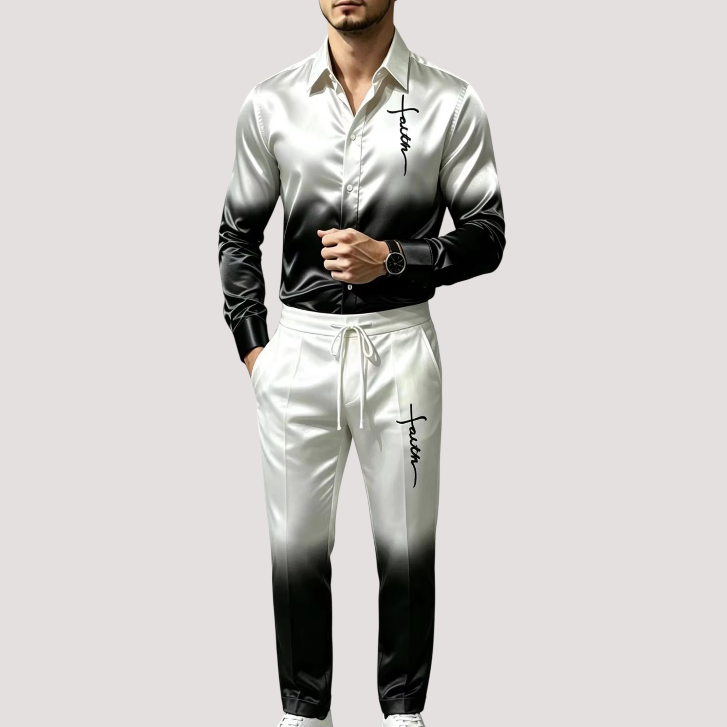 メンズサテンシルクスポーツスーツ2点セット グラデーション長 - Street Fashion For Man のレビューと価格