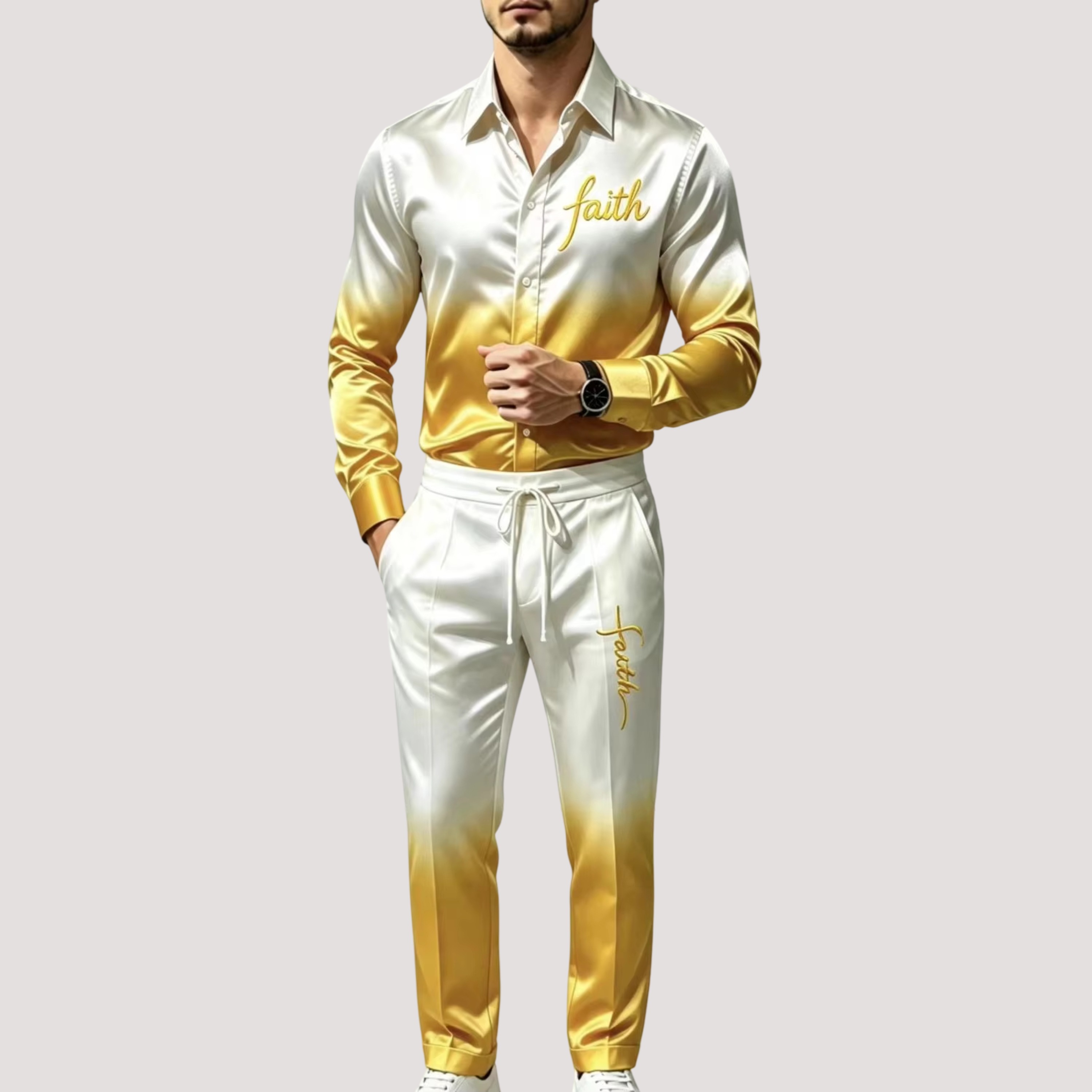 メンズサテンシルクスポーツスーツ2点セット グラデーション長 - Street Fashion For Man のレビューと価格